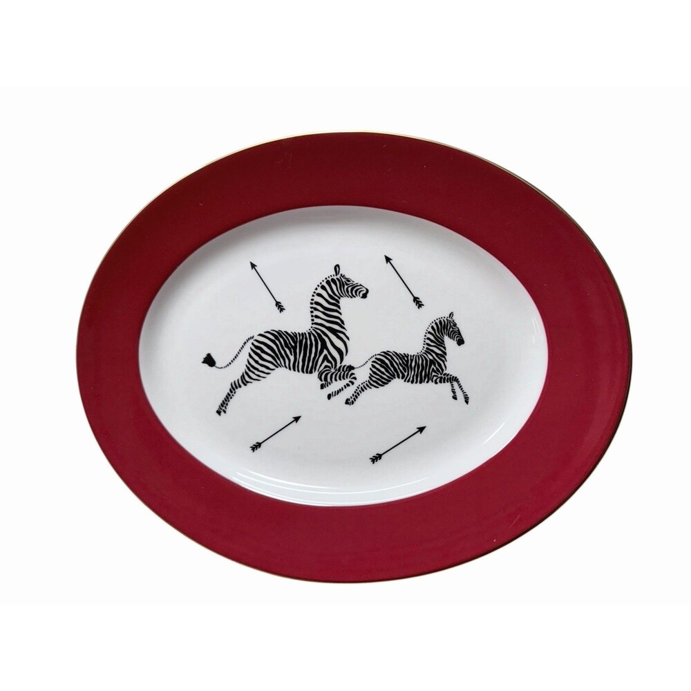 Lenox Scalamandre Zebras 13" Oval Serving Platter Red Border Gold Trim USA